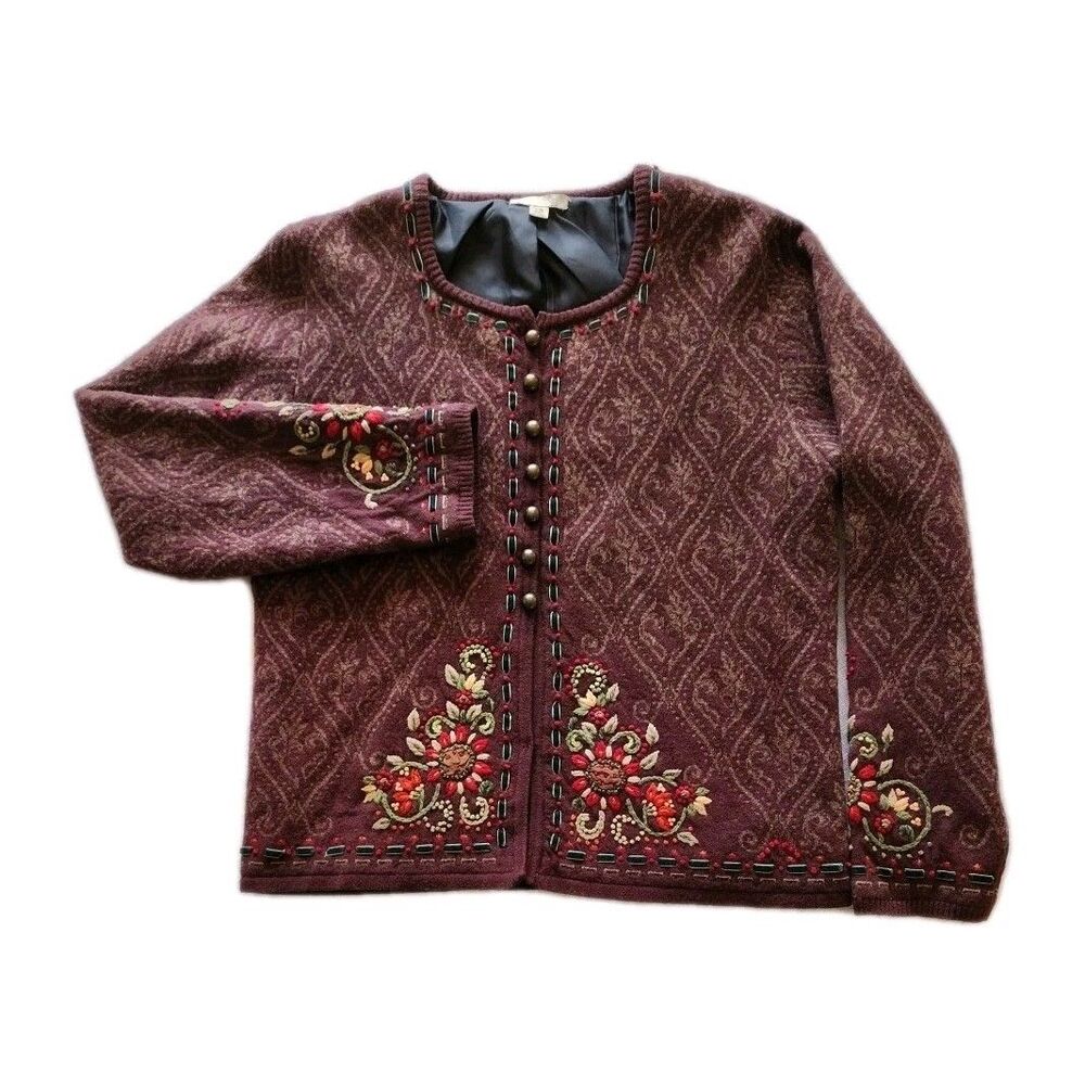 Carson Sweater Large Jacket Lambswool Burgundy Brown Damask Embroidered Boho